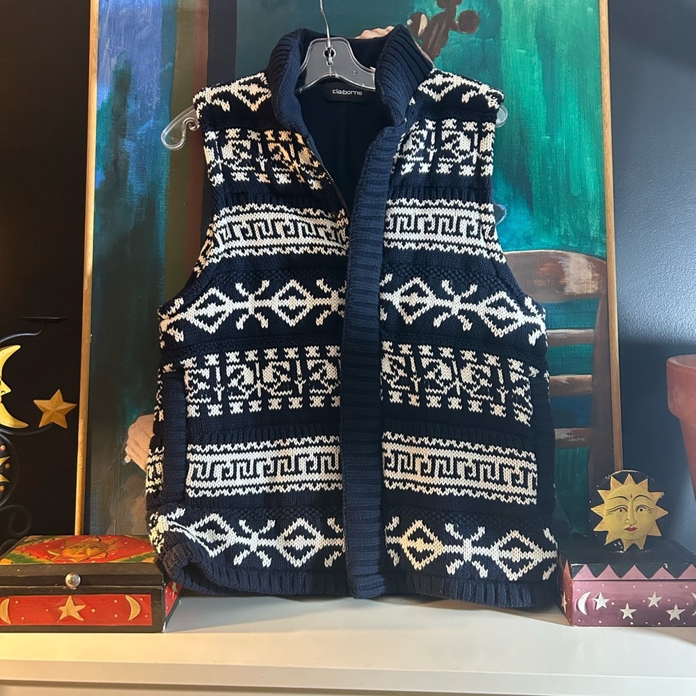 Claiborne Fair Isle Geometric Print Sweater Puffer Vest Navy White Small Y2K